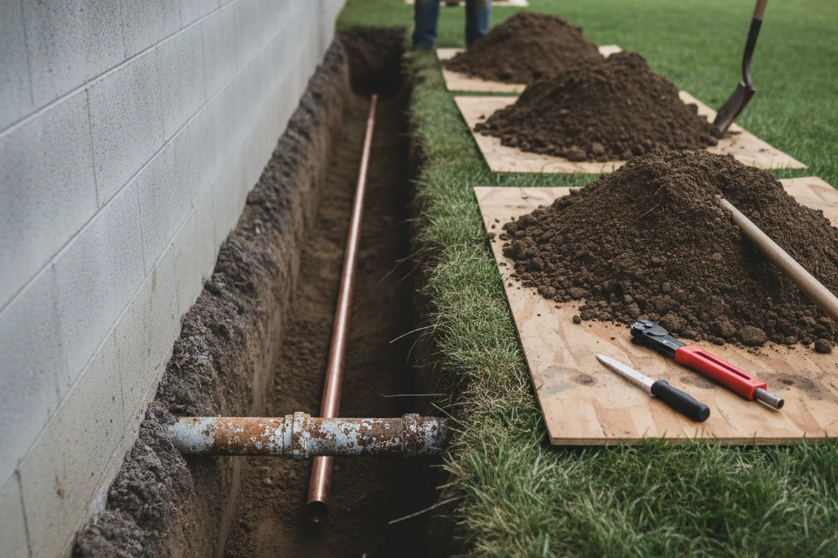 Excavated water line trench during Water Softener Installation in Ellington